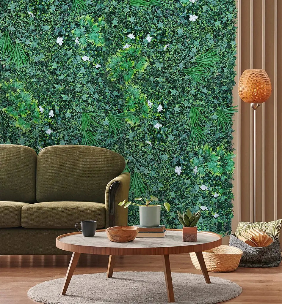Artificial Wall Grass With White Flowers and Green Leaves|| Vertical Wall Garden || Size: 1mtr x 1mtr|| No:11/01 My Store