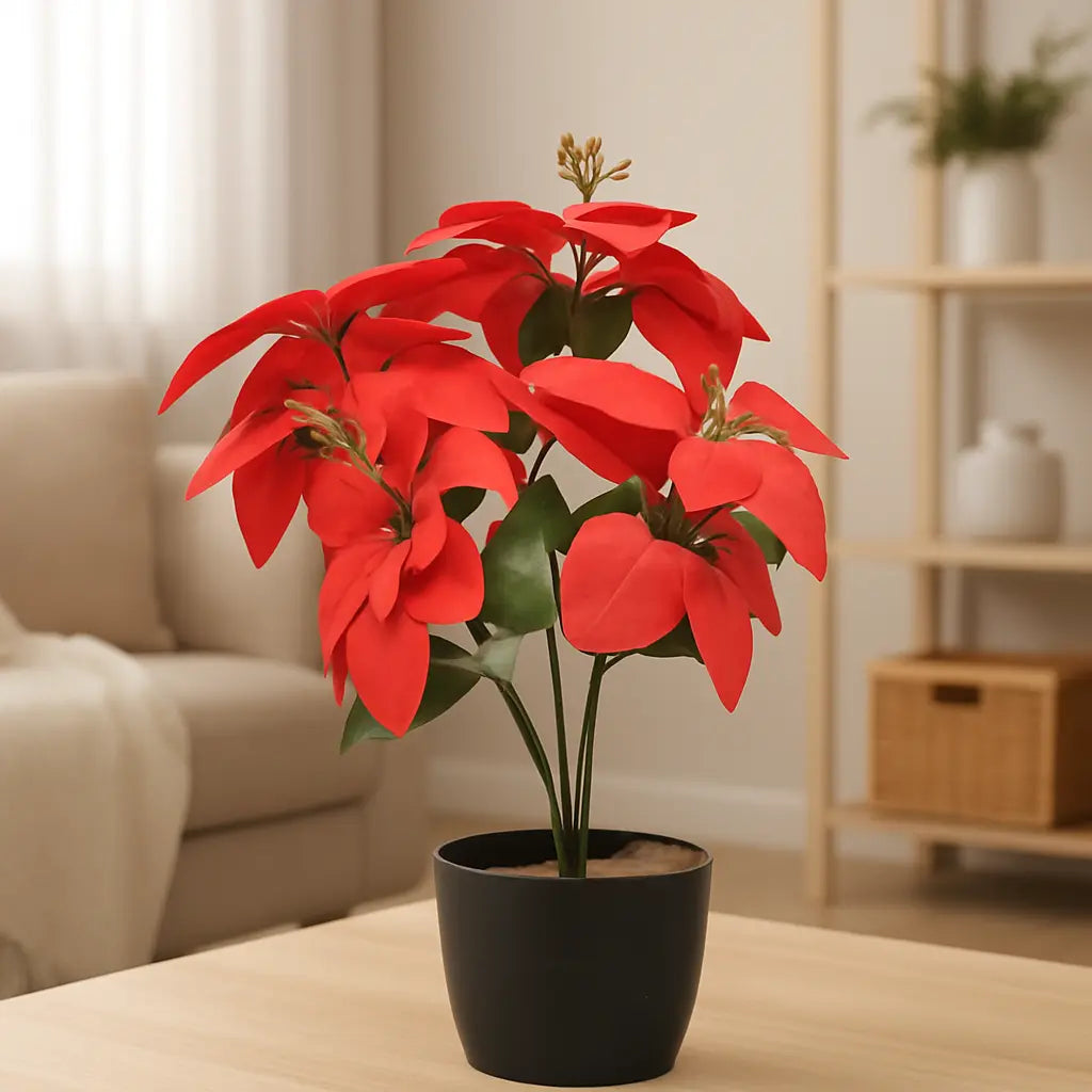 artificial poinsettia plant in pot Artificial Red Poinsettia Plant with Pot – 36cm