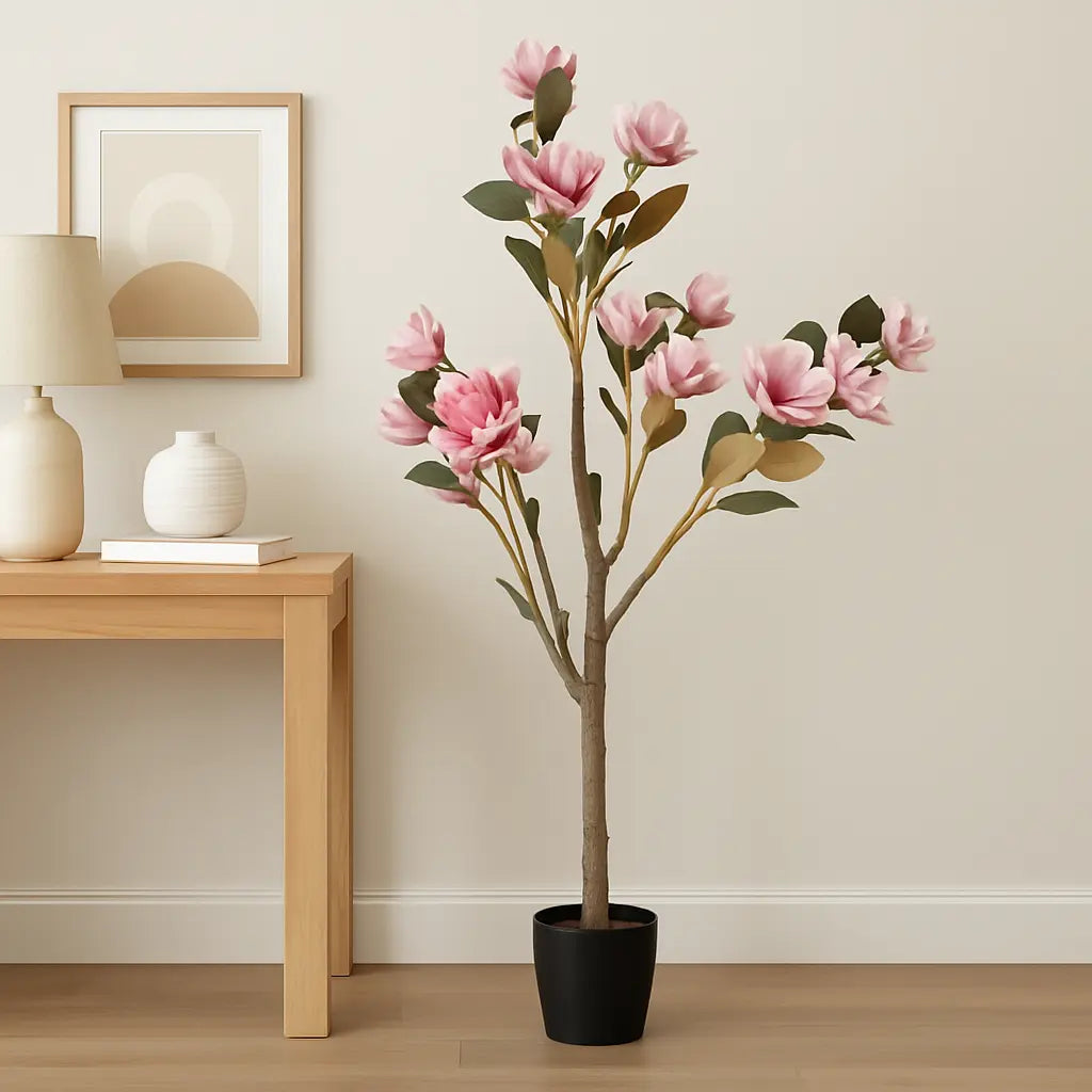 Magnolia Flower Tree Artificial Plant with White Pot | 130 cm Height Enutrof Decor
