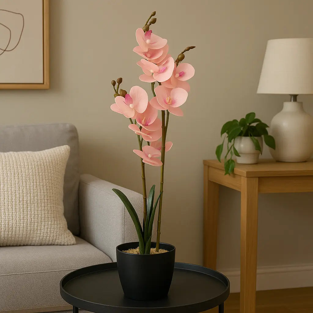 Elegant Faux Orchid Plant in White Pot – 50cm Artificial Flower Décor –  Enutrof Decor