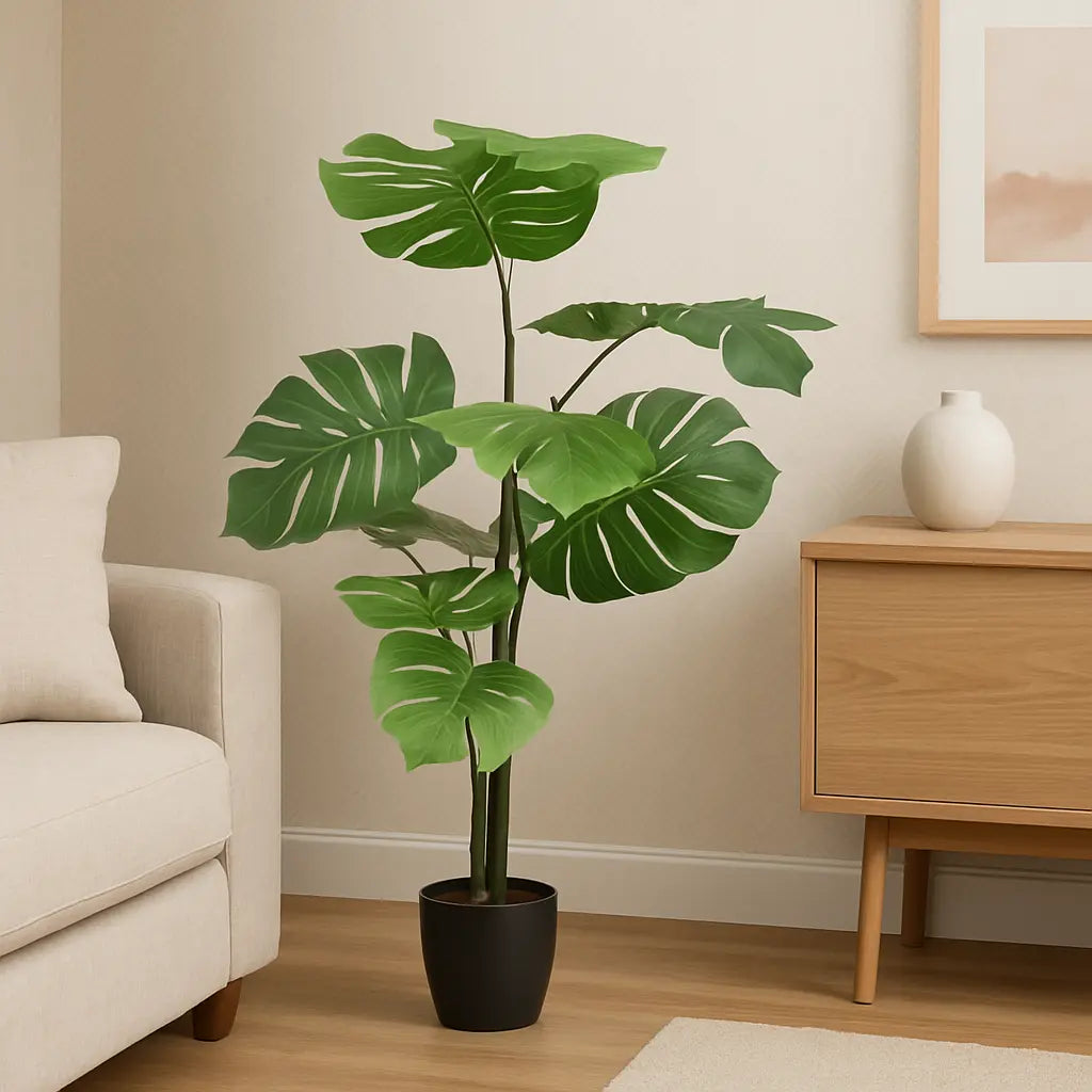 Monstera Deliciosa Artificial Plant in White Pot (120cm) for Indoor Décor Enutrof Decor