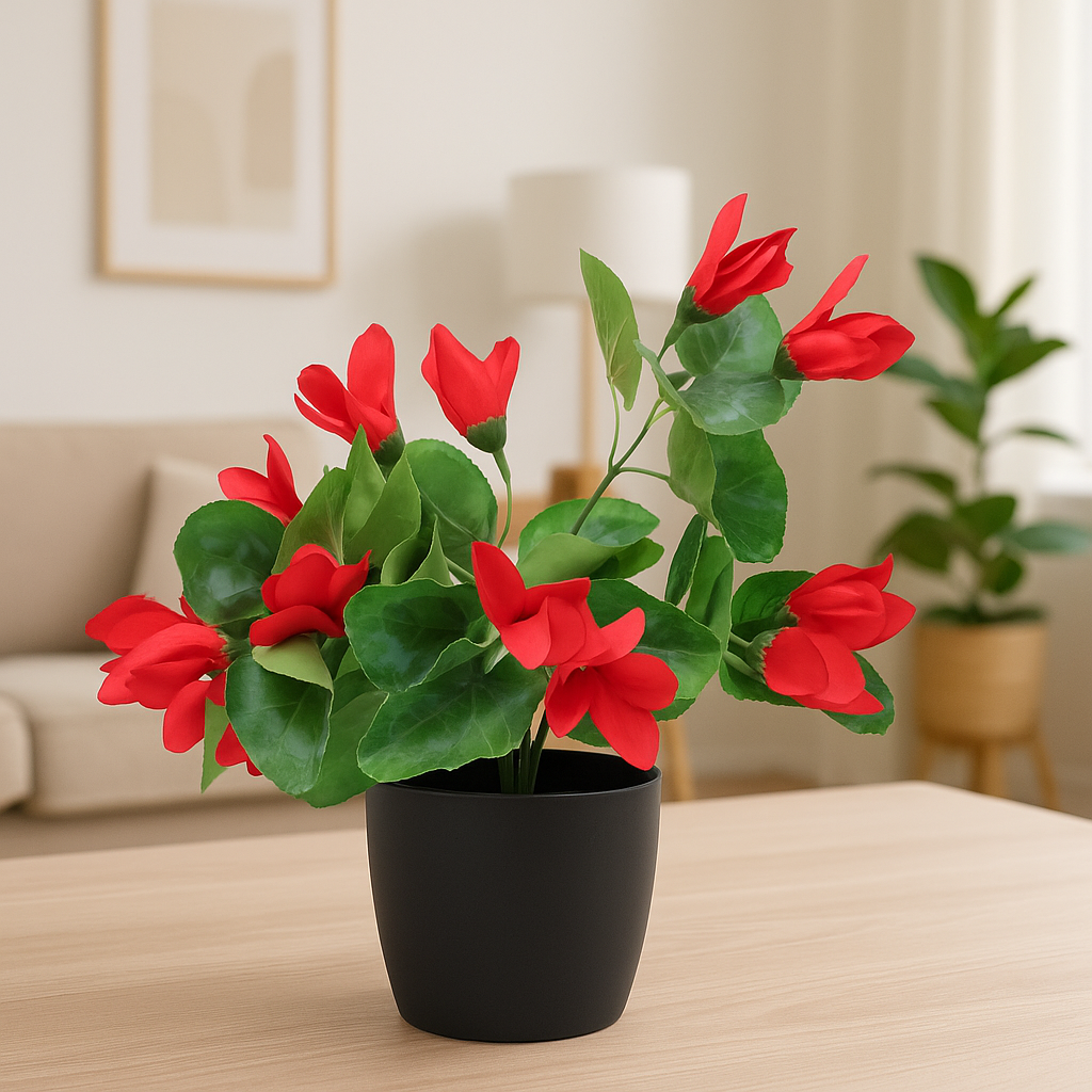 Artificial Cyclamen Plant with Red Flowers in Basic Pot (38 cm) Enutrof Decor