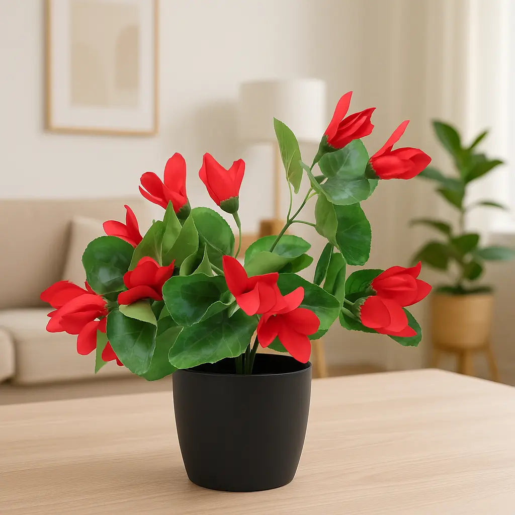 Artificial Cyclamen Plant with Red Flowers in Basic Pot (38 cm) Enutrof Decor