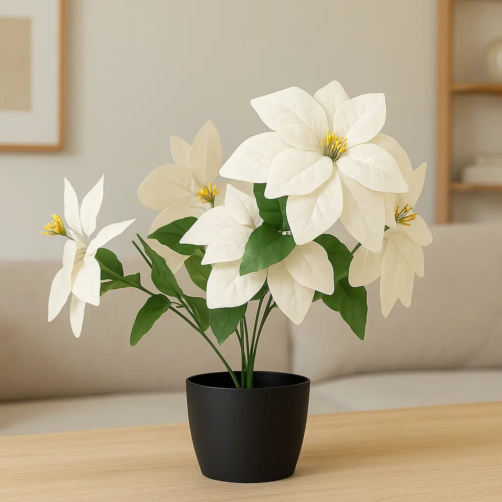 White Poinsettia Artificial Plant (45 cm) with Elegant Decorative Pot Enutrof Decor