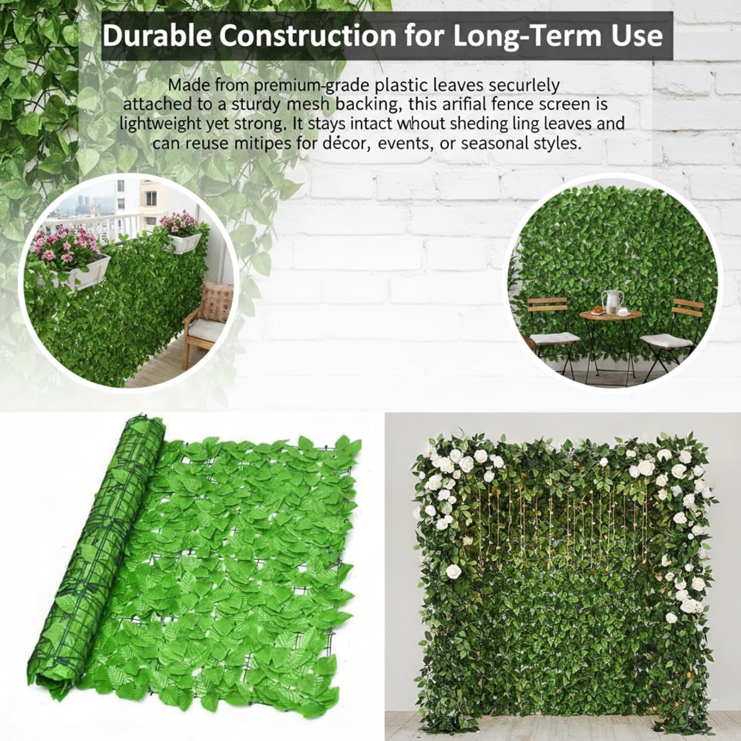 Artificial Ivy Leaf Fence Screen – Faux Privacy Hedge Panel, 3.3ft x 10ft (1m x 3m) Greenery Wall Cover Enutrof Decor