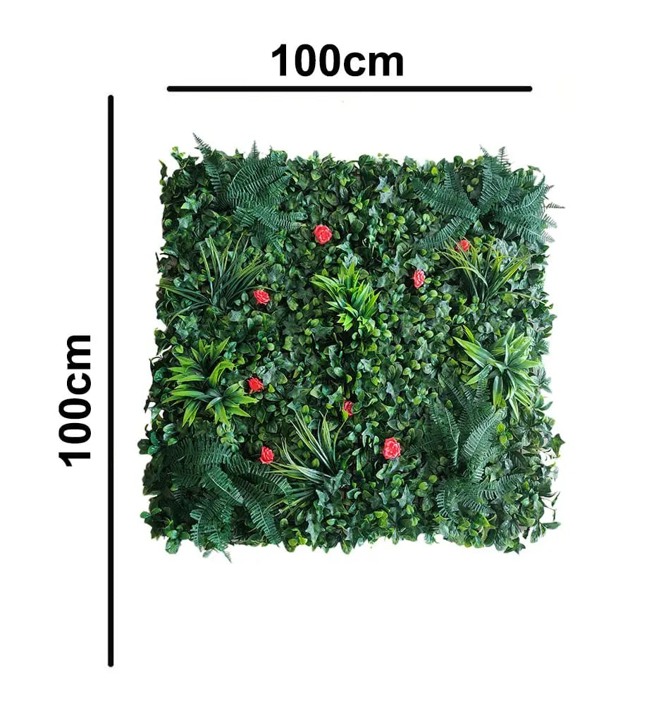 Artificial Wall Grass With Red Flowers and Green Leaves || Vertical Garden For Wall || Size: 1mtr X 1mtr || No:11/09 My Store