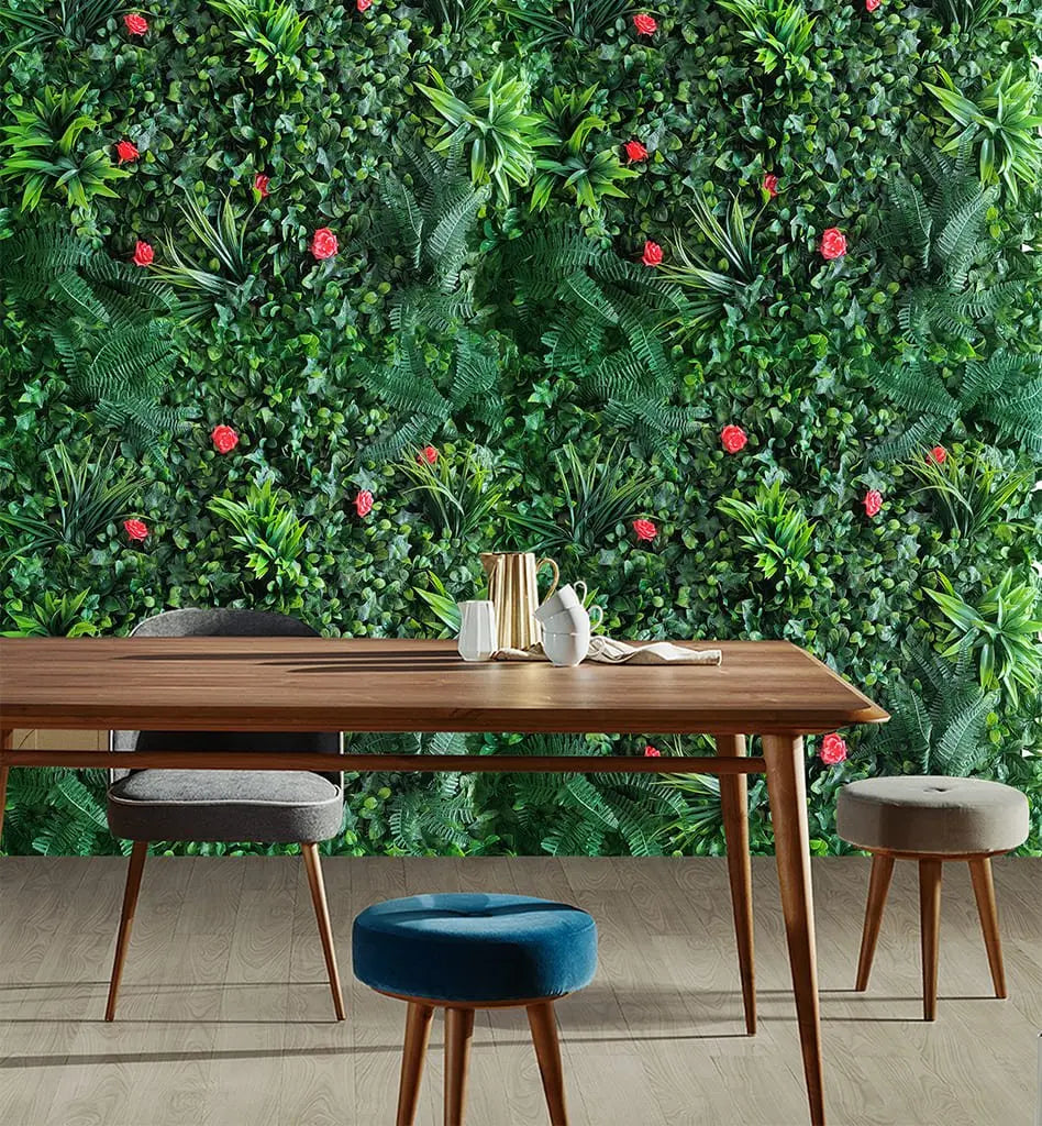 Artificial Wall Grass With Red Flowers and Green Leaves || Vertical Garden For Wall || Size: 1mtr X 1mtr || No:11/09 My Store