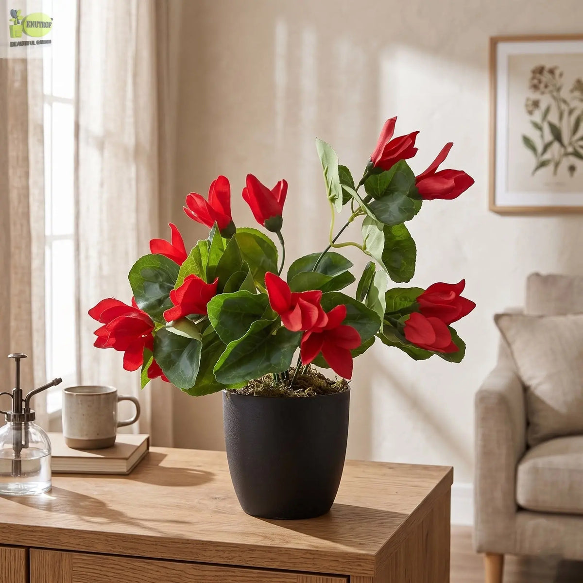 Artificial Cyclamen Plant with Red Flowers 38cm | Potted Décor Enutrof Decor