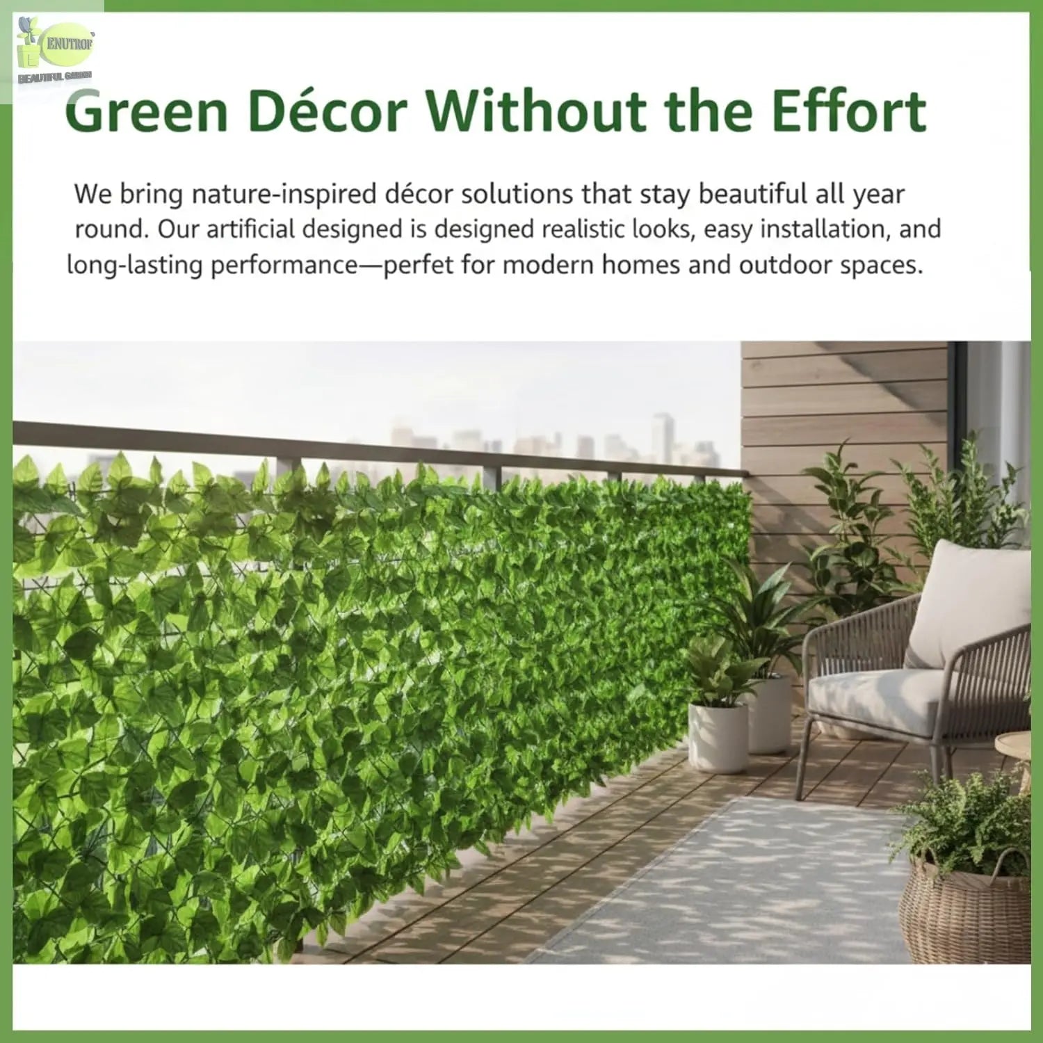 Artificial Ivy Leaf Fence Screen – Faux Privacy Hedge Panel, 3.3ft x 10ft (1m x 3m) Greenery Wall Cover Enutrof Decor