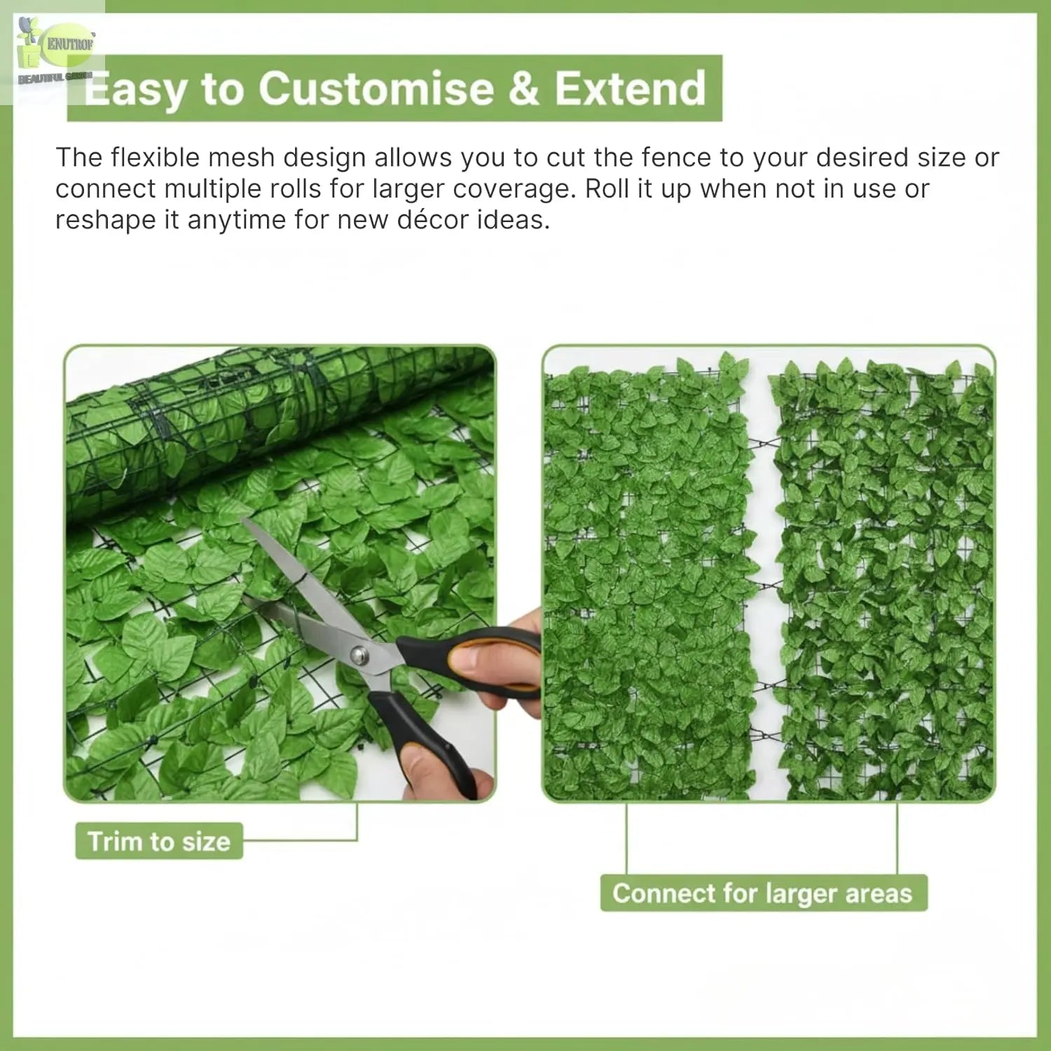 Artificial Ivy Leaf Fence Screen – Faux Privacy Hedge Panel, 3.3ft x 10ft (1m x 3m) Greenery Wall Cover Enutrof Decor