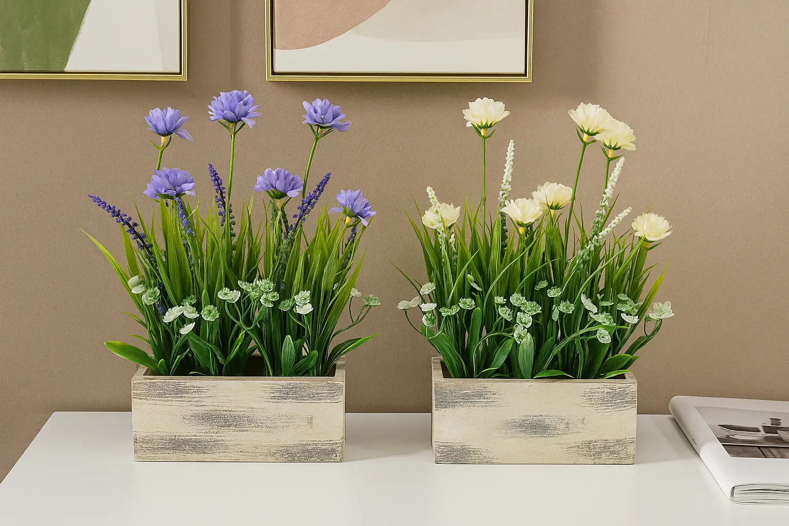 Small Artificial Flower Plant Tray | White & Purple Table Décor (30 cm) Enutrof Decor