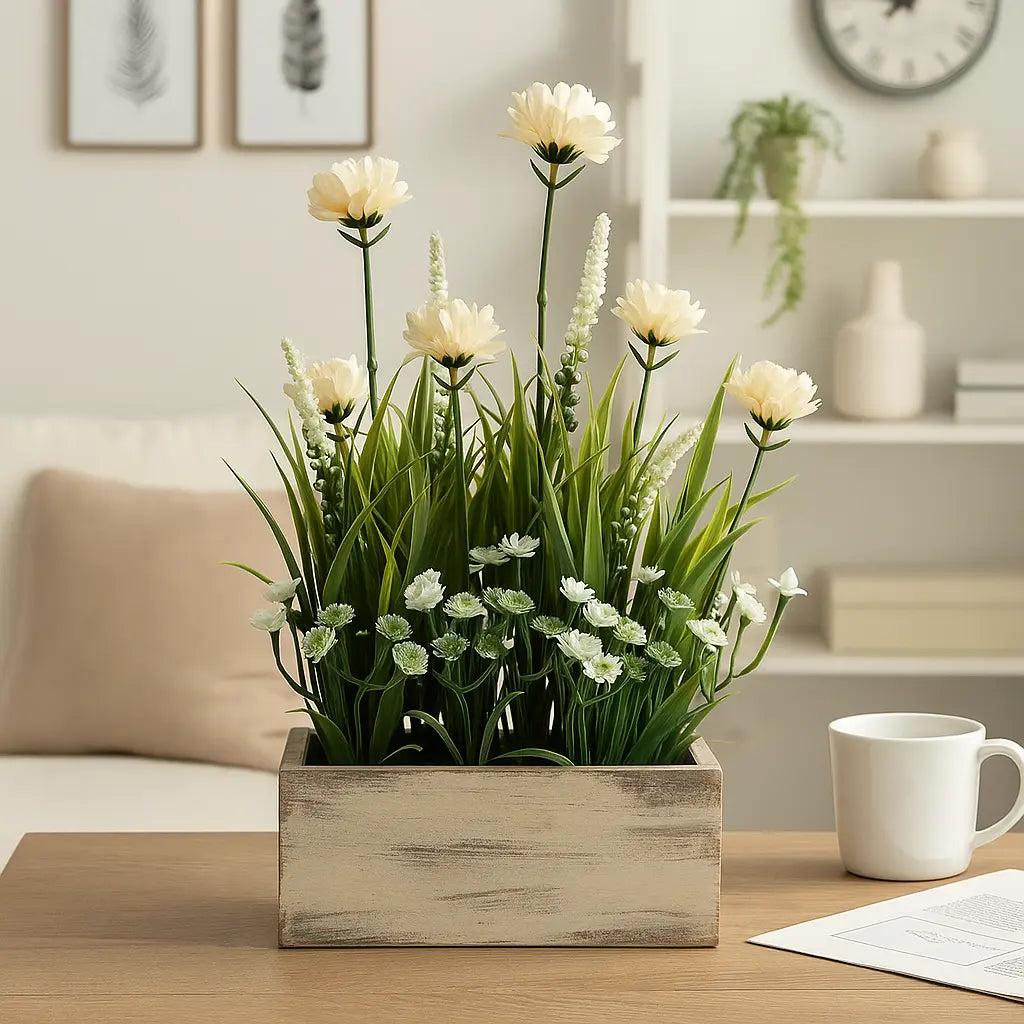 Small Artificial Flower Plant Tray | White & Purple Table Décor (30 cm) Enutrof Decor