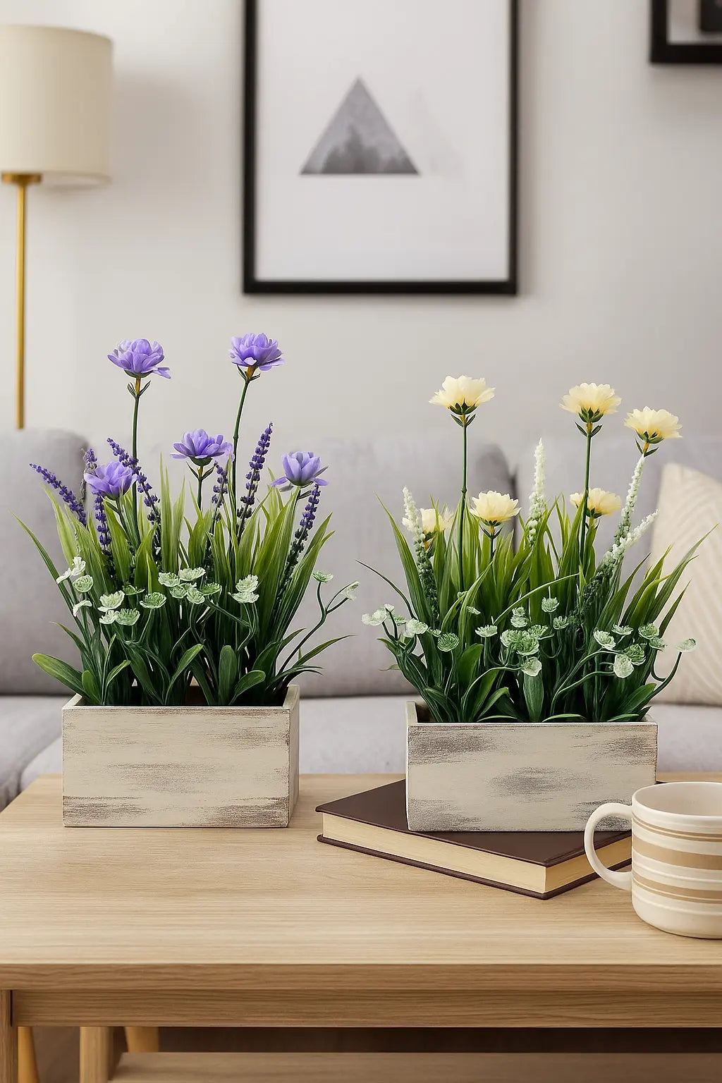 Small Artificial Flower Plant Tray | White & Purple Table Décor (30 cm) Enutrof Decor