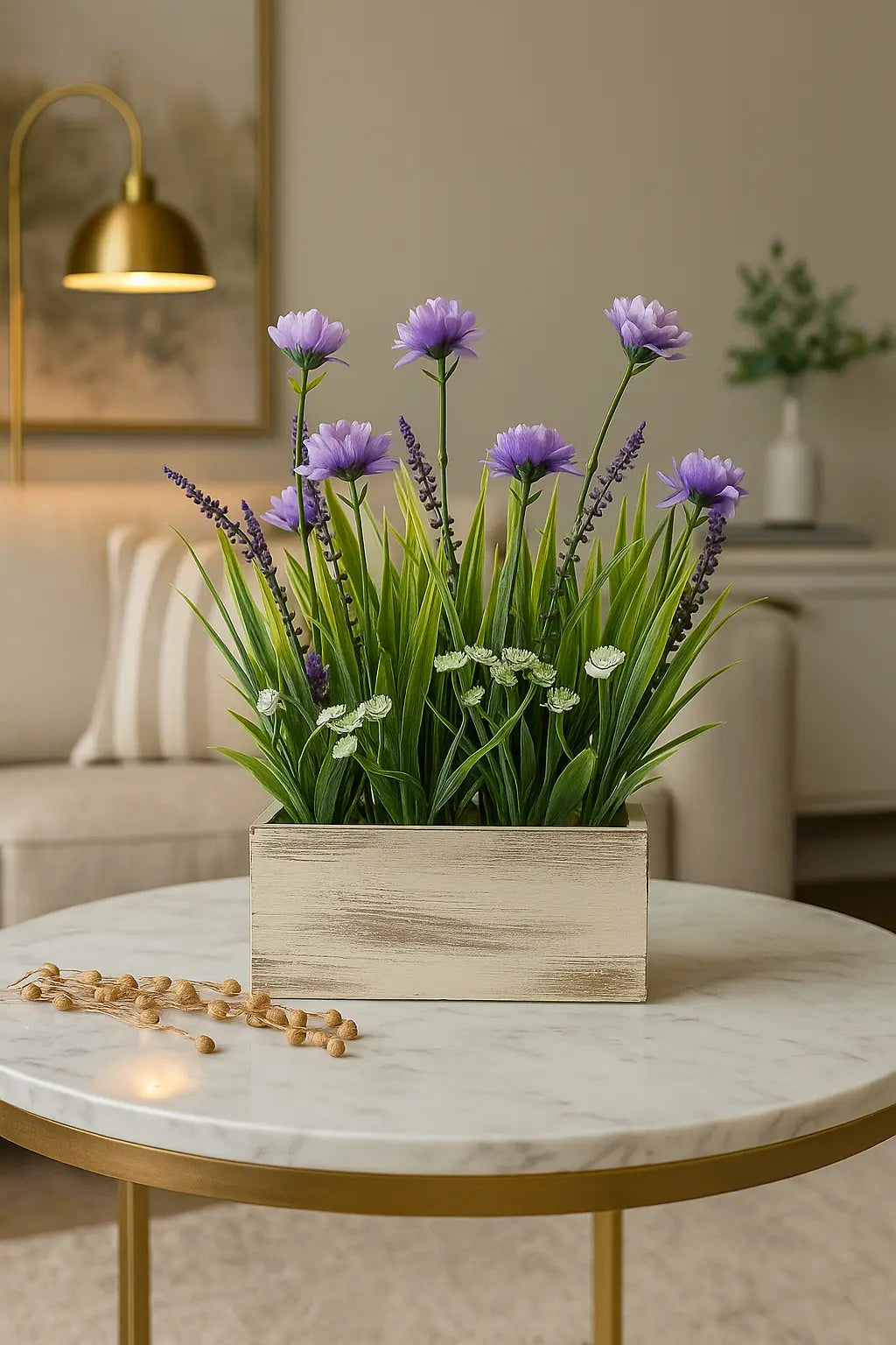Small Artificial Flower Plant Tray | White & Purple Table Décor (30 cm) Enutrof Decor
