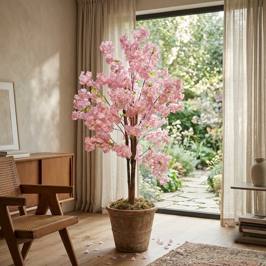 ENUTROF Artificial Pink Cherry Blossom Tree – 150cm Fluffy Fake Flowering Plant for Bridal Decor ENUTROF