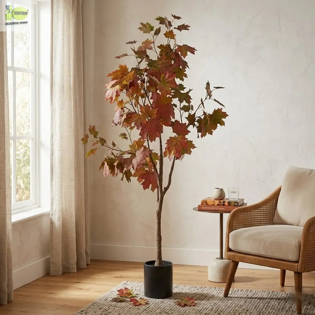 ENUTROF Artificial Autumn Maple Tree – 150cm Red-Orange Maple Tree for Home Decor ENUTROF
