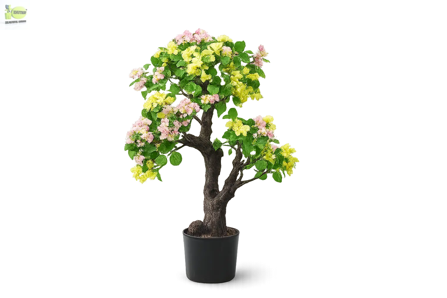 ENUTROF Artificial Bougainvillea Bonsai – 90cm Yellow-Pink Fake Flowering Bonsai Tree ENUTROF