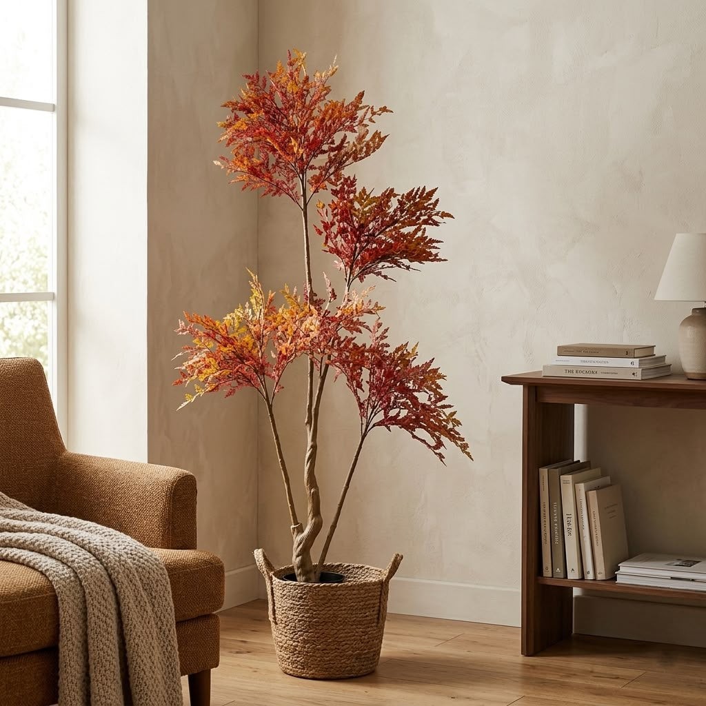 ENUTROF Artificial Japanese Red Fern Tree – 120cm Dramatic Autumn Plant for Indoor Decor ENUTROF