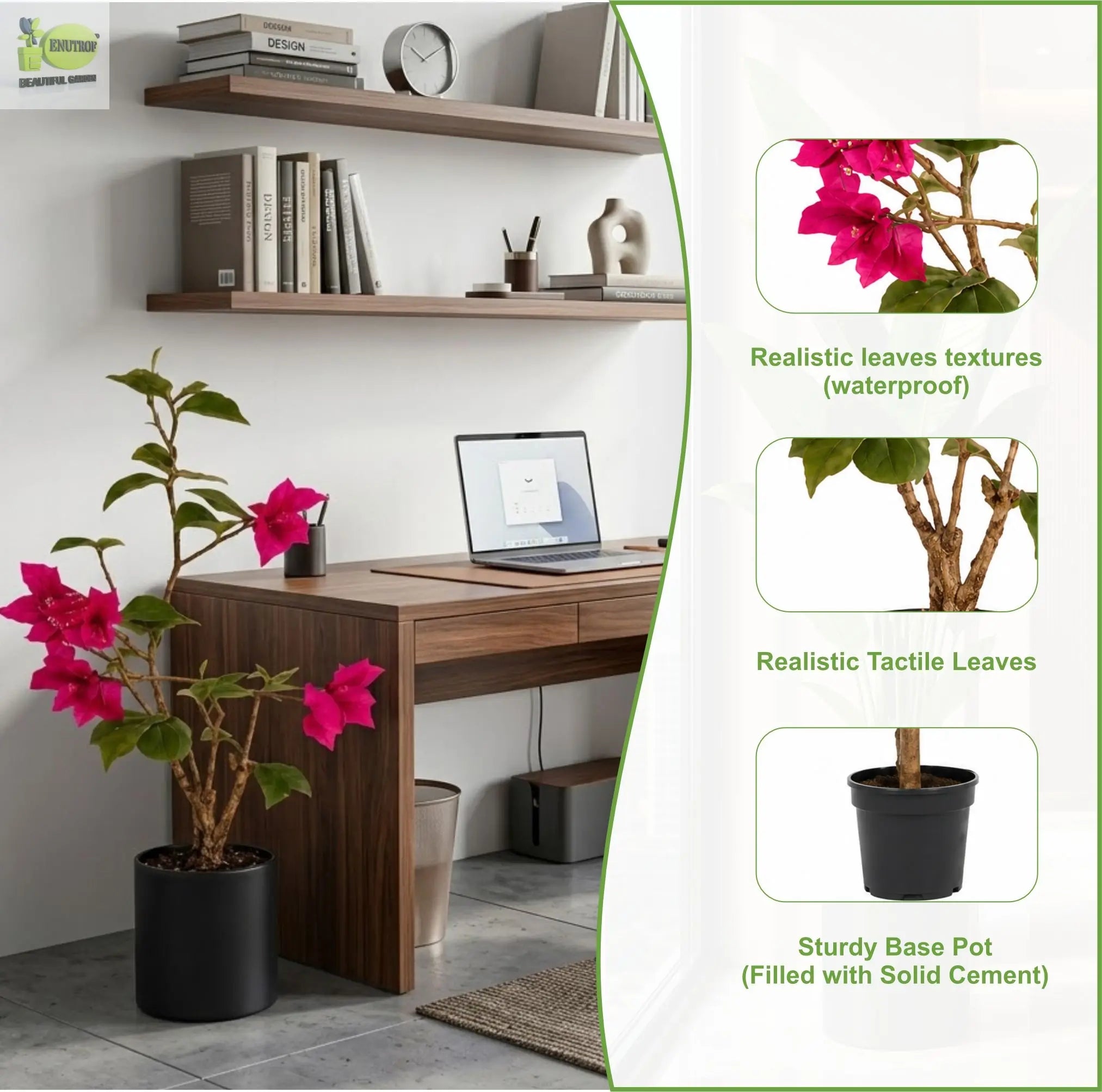 ENUTROF Artificial Pink Bougainvillea Plant – 90cm Compact Fake Flowering Plant for Home Decor ENUTROF
