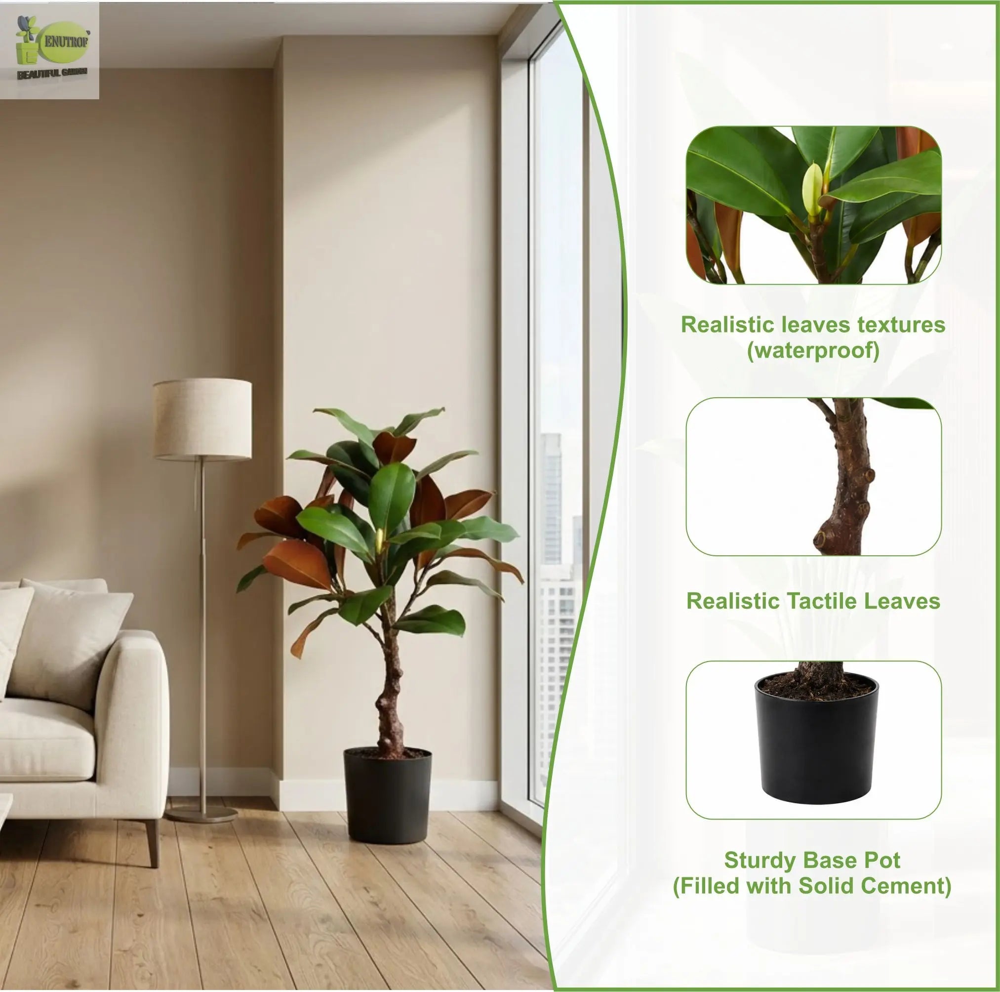 ENUTROF Artificial Rubber Plant Ficus Elastica – 60cm Compact Fake Plant for Desk & Home Decor ENUTROF