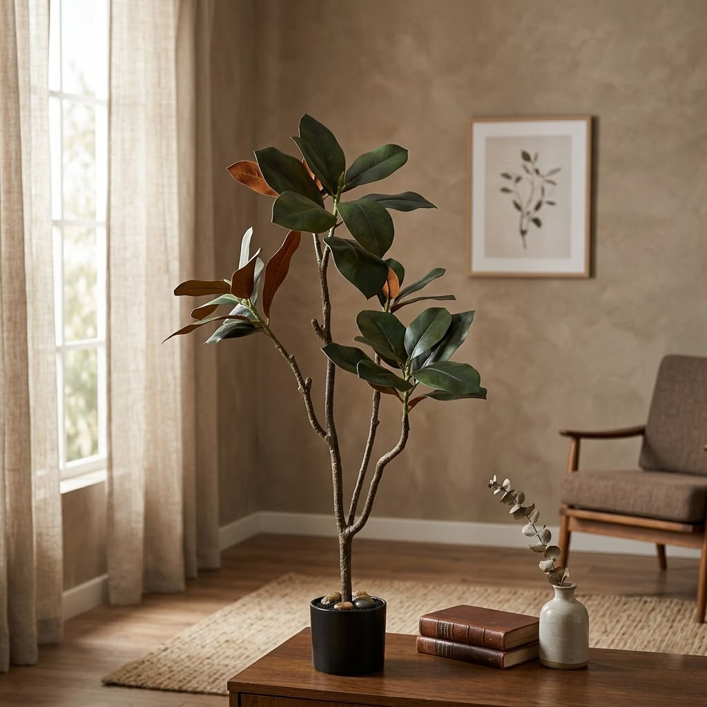 ENUTROF Artificial Rubber Tree Dark Leaf – 120cm Ficus Elastica Fake Plant for Modern Decor ENUTROF