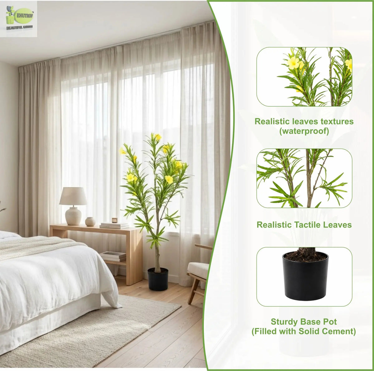 ENUTROF Artificial Yellow Flowering Oleander Tree – 120cm Fake Blooming Plant for Home Decor ENUTROF
