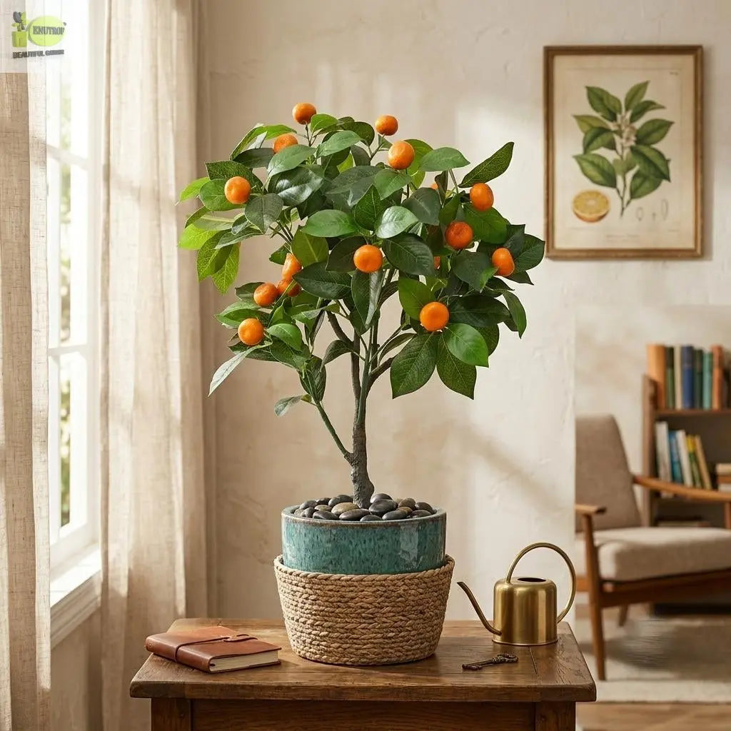 Orange Artificial Plant with White Pot | 70 cm Height Enutrof Decor