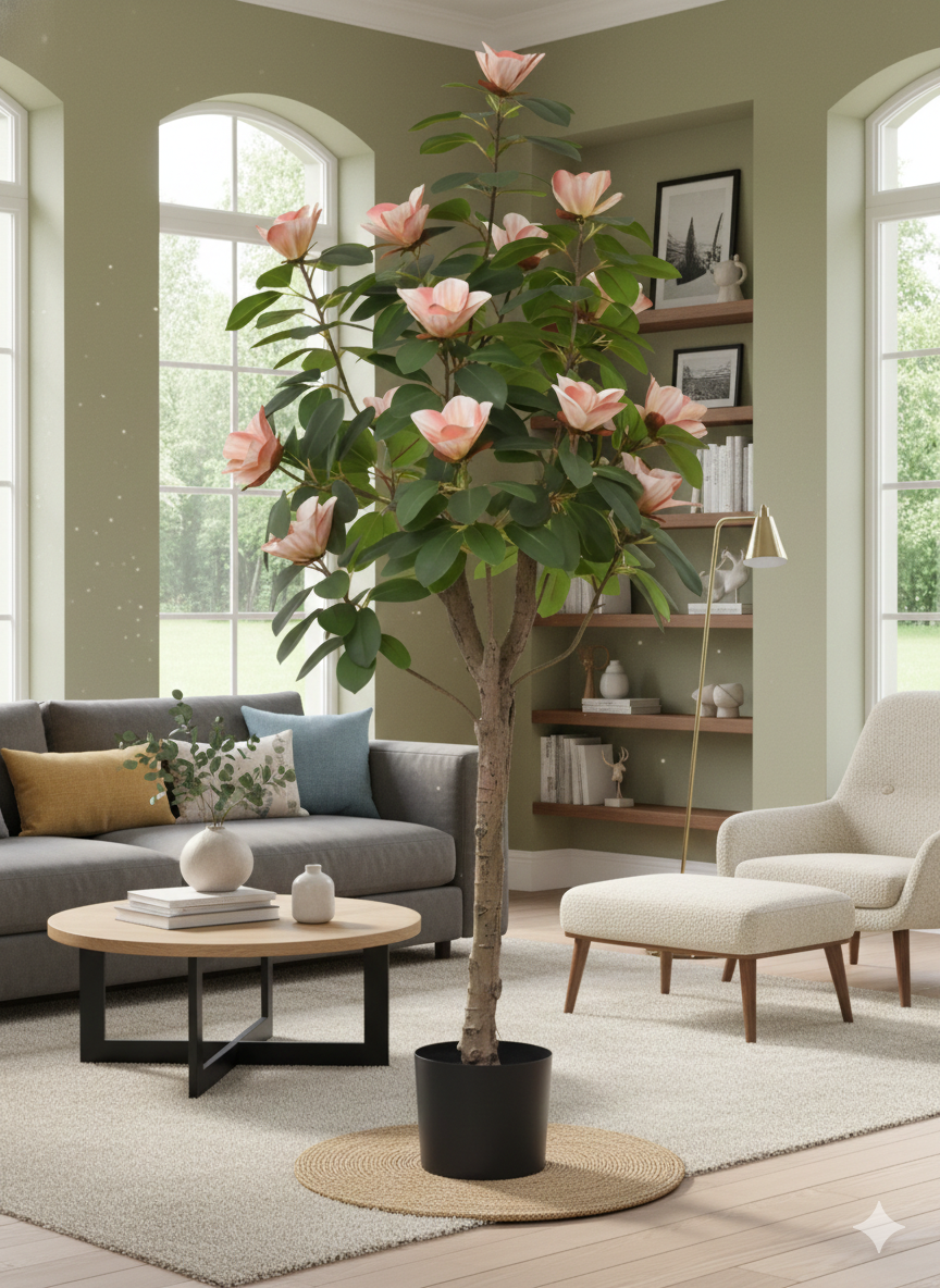 ENUTROF Artificial Pink Magnolia Flowering Tree – 140cm Fake Blooming Plant for Home Decor ENUTROF