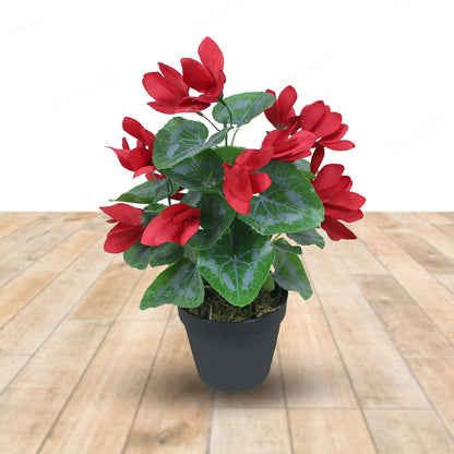 Cyclamen Plant Artificial With Basic Pot || 38cm Height II Color: Red Flower with Green Leaves