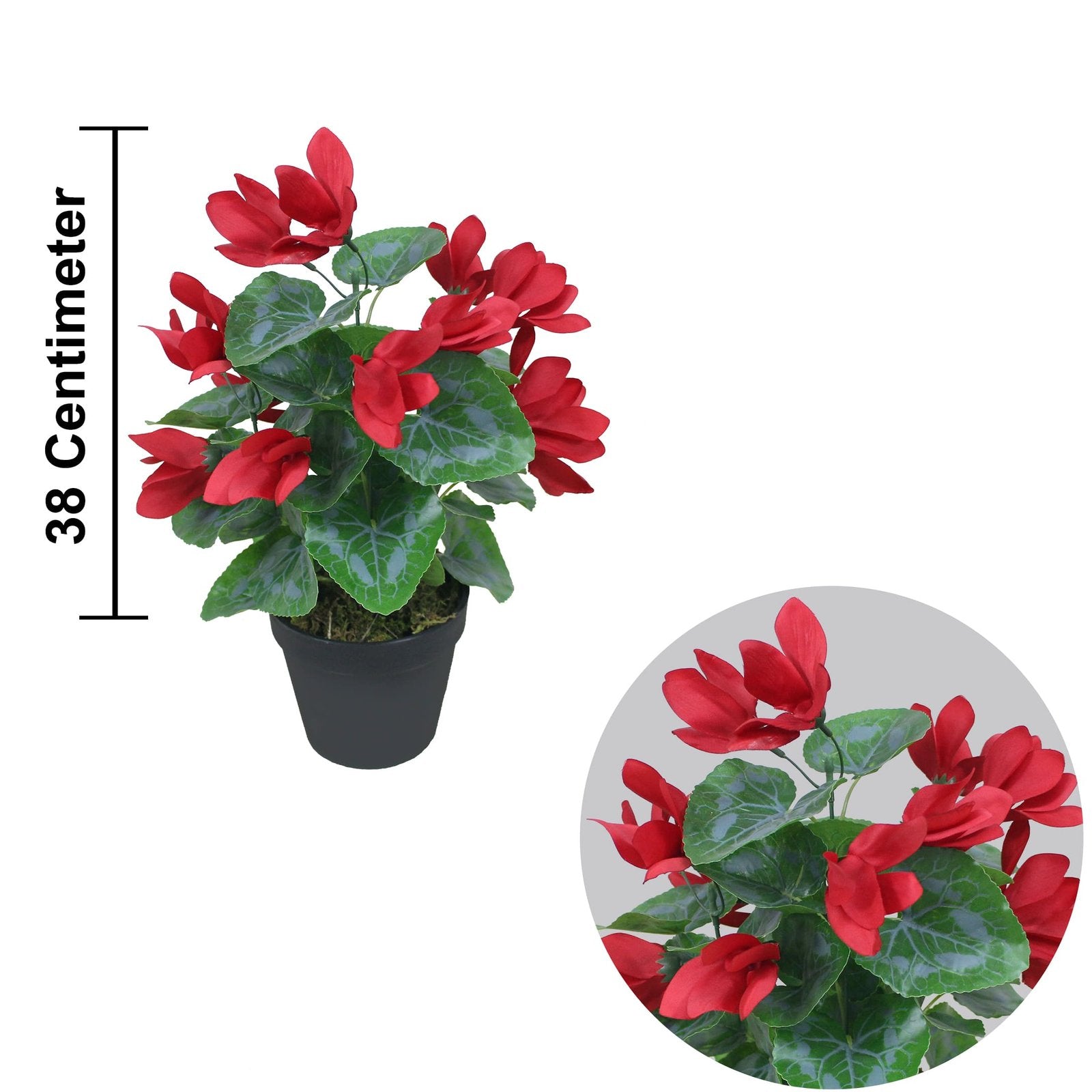 Cyclamen Plant Artificial With Basic Pot || 38cm Height II Color: Red Flower with Green Leaves