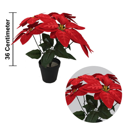 Red Poinsettia Plant Artificial With Basic Pot || Size:36Cm Height