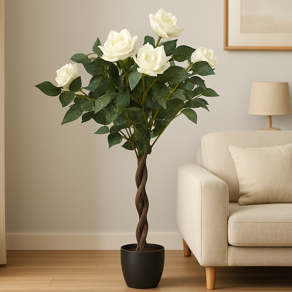 White Rose Artificial Plant (90 cm) with Elegant Planter Enutrof Decor