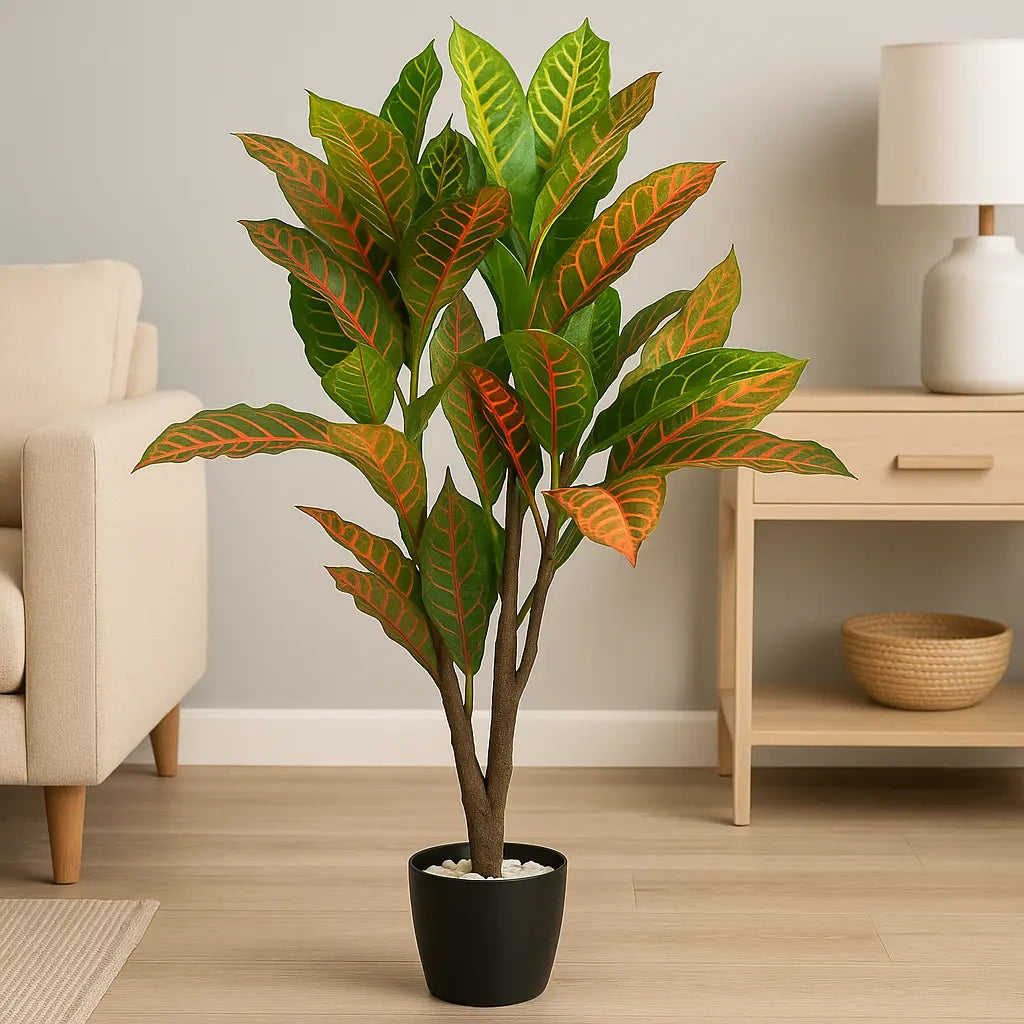 Codiaeum Artificial Plant with Basic White Pot (100 cm) – Indoor Decorative Foliage Enutrof Decor