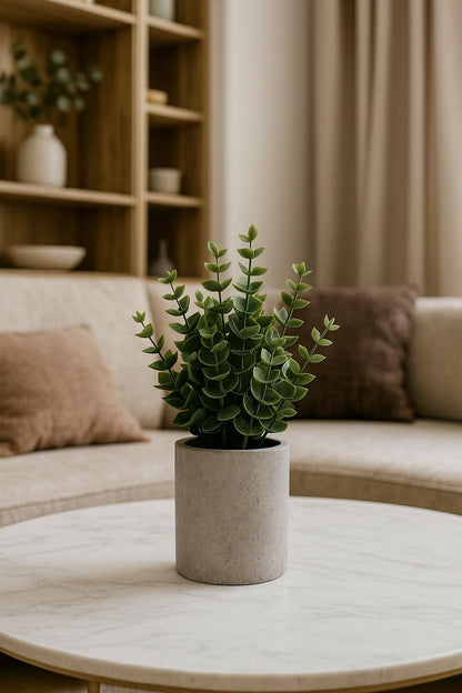 Plastic Grass with Gray Pulp Pot | Artificial Table Décor for Home & Office (22 cm) Enutrof Decor