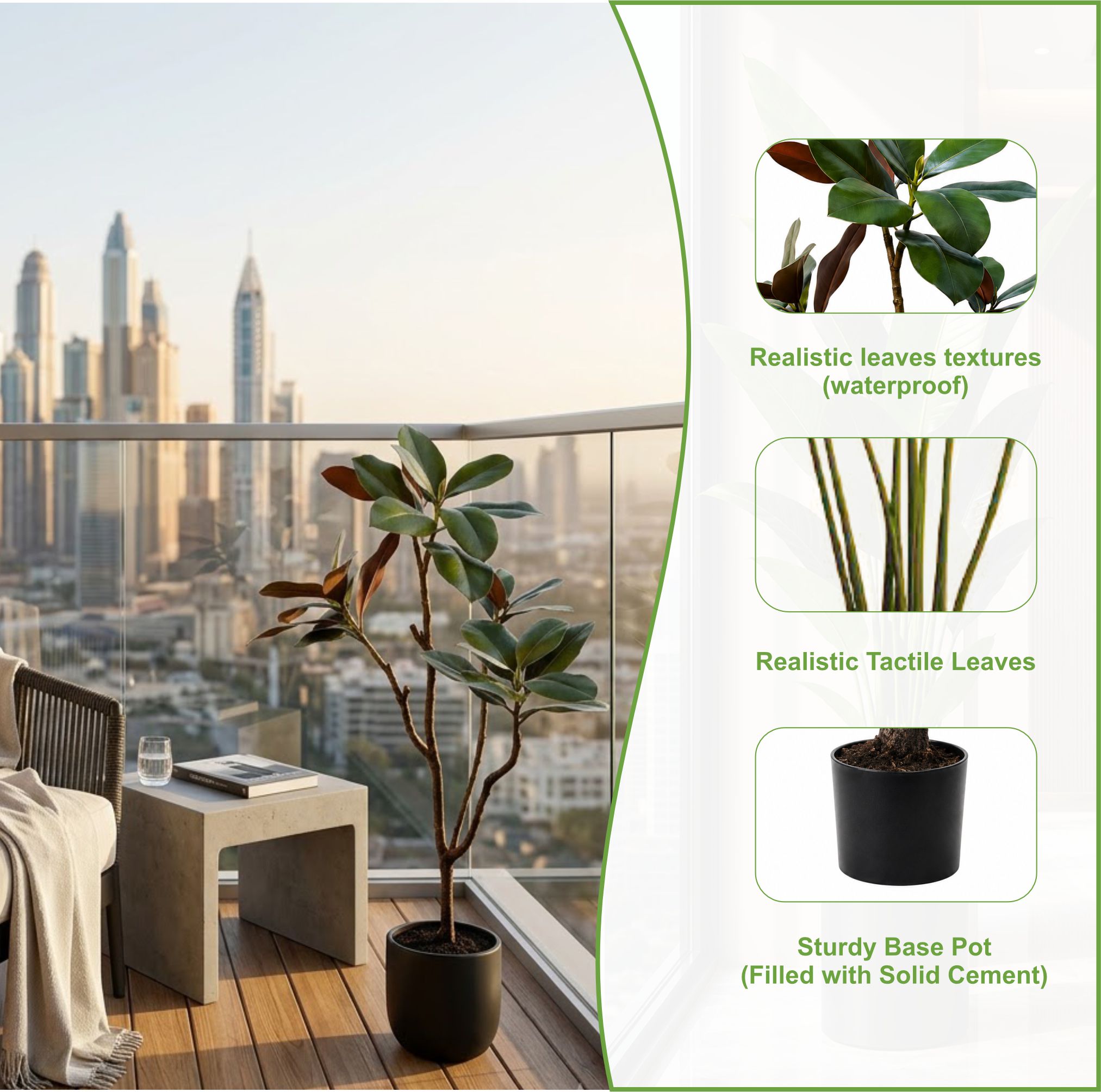 ENUTROF Artificial Rubber Tree Dark Leaf – 120cm Ficus Elastica Fake Plant for Modern Decor ENUTROF