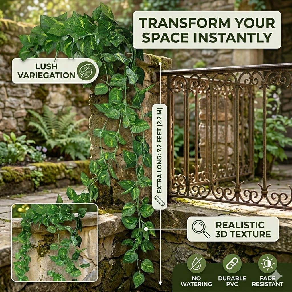 Artificial Money Plant Garland Vine – 7.2ft Hanging Leaf Creeper, Pack of 12 | Fake Pothos Ivy Decor Enutrof Decor