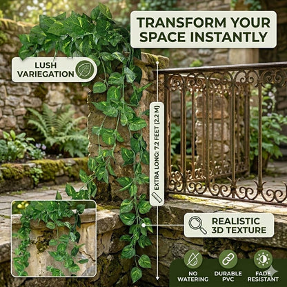 Artificial Money Plant Garland Vine – 7.2ft Hanging Leaf Creeper, Pack of 12 | Fake Pothos Ivy Decor Enutrof Decor