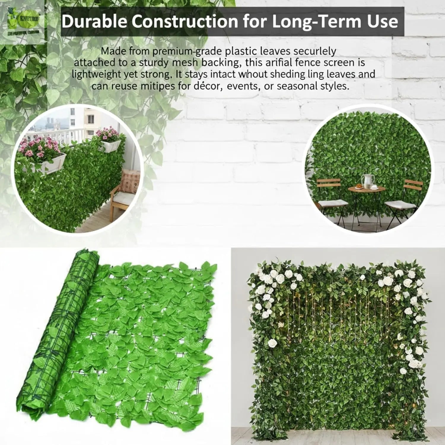 Artificial Ivy Leaf Fence Screen – Faux Privacy Hedge Panel, 3.3ft x 10ft (1m x 3m) Greenery Wall Cover Enutrof Decor