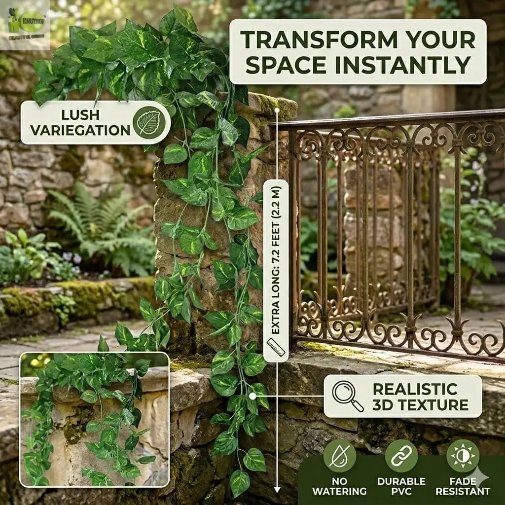 Artificial Money Plant Garland Vine – 7.2ft Hanging Leaf Creeper, Pack of 12 | Fake Pothos Ivy Decor Enutrof Decor