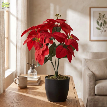 Artificial Red Poinsettia Plant with Pot – 36cm Enutrof Decor