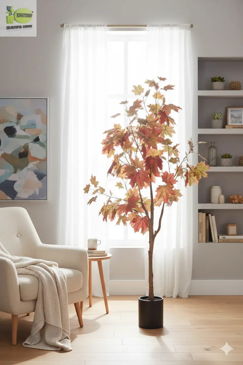 ENUTROF Artificial Autumn Maple Tree – 150cm Dramatic Red-Orange Fake Plant for Home Decor ENUTROF