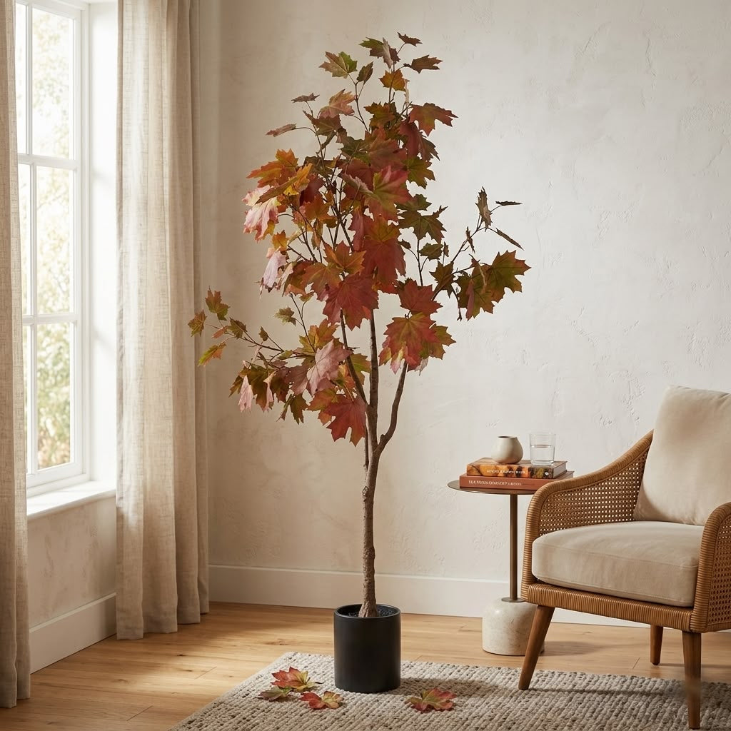 ENUTROF Artificial Autumn Maple Tree – 150cm Red-Orange Maple Tree for Home Decor ENUTROF