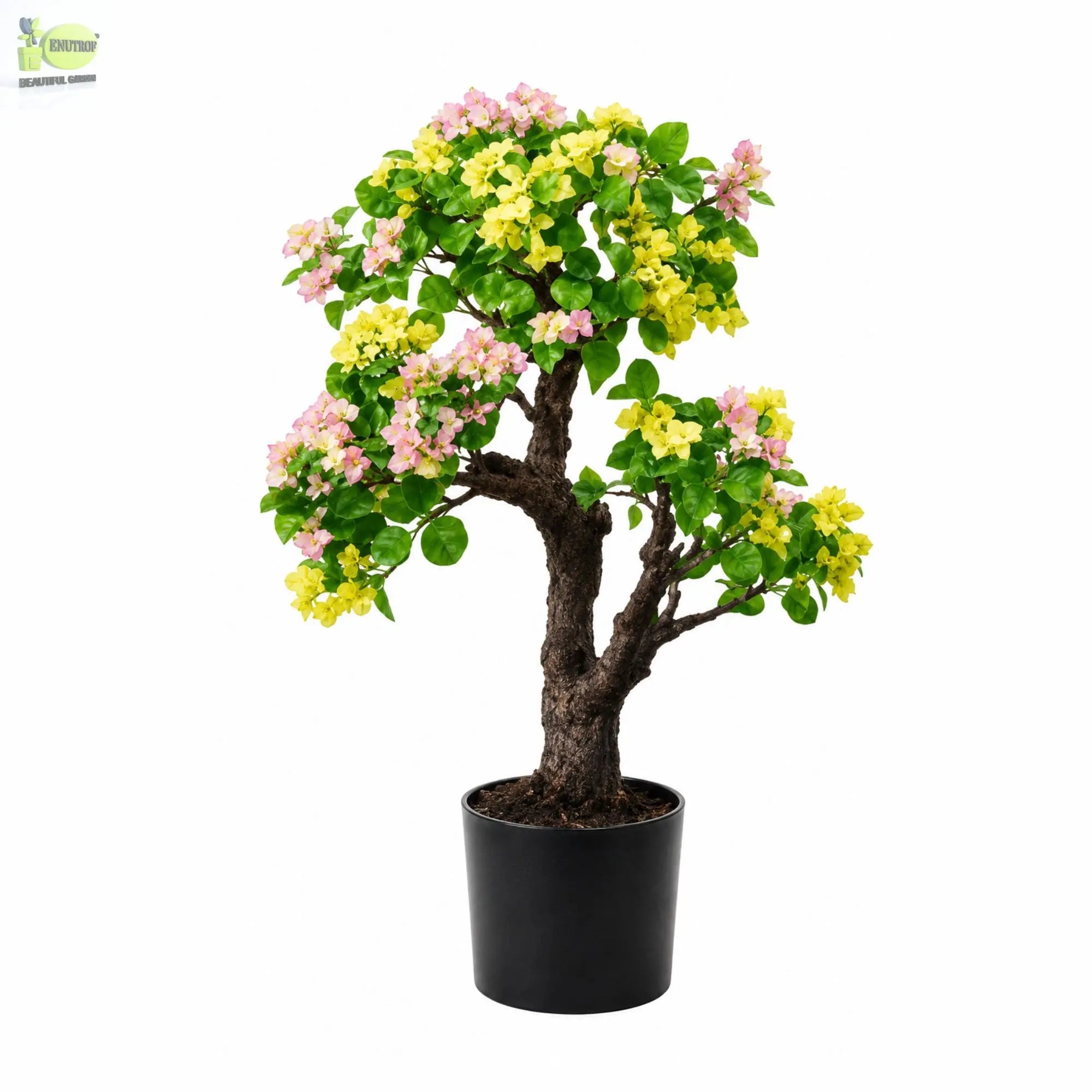 ENUTROF Artificial Bougainvillea Bonsai – 90cm Yellow-Pink Fake Flowering Bonsai Tree ENUTROF