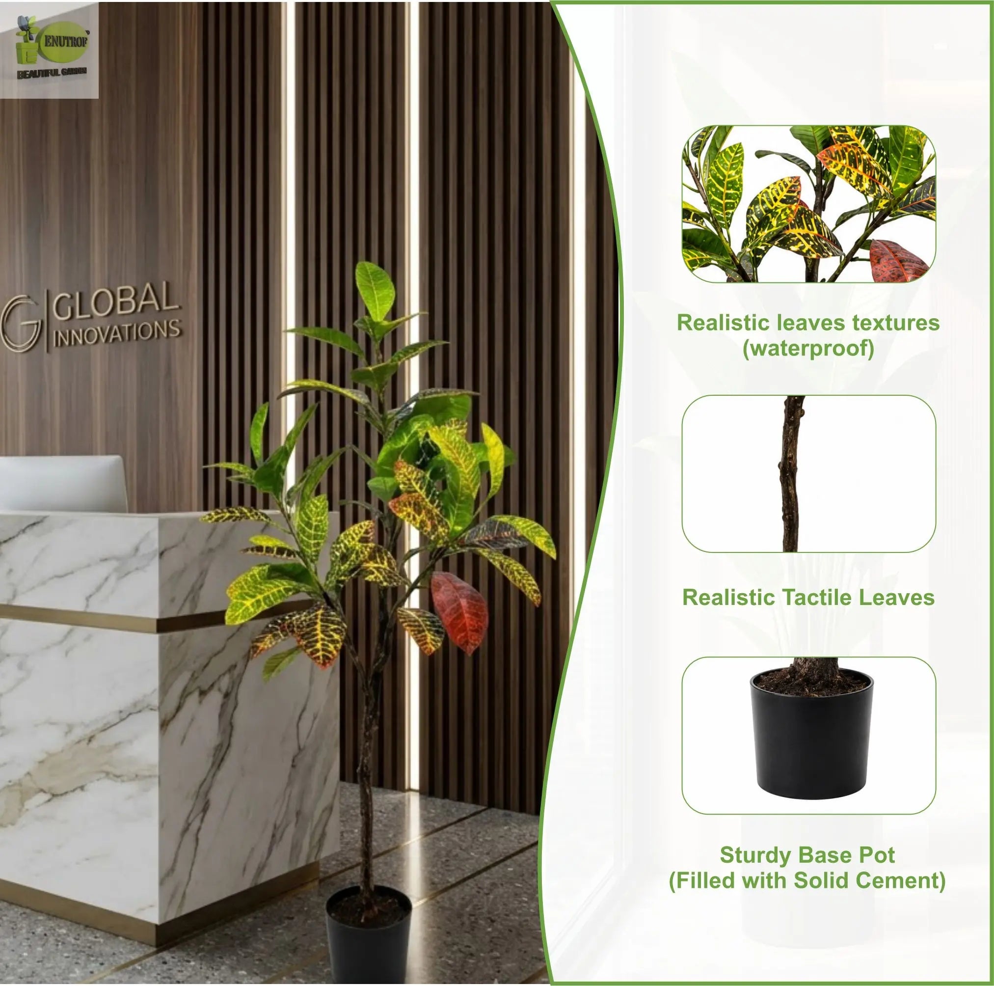 ENUTROF Artificial Croton Plant – 120cm Vibrant Multicolour Fake Plant for Home Decor ENUTROF