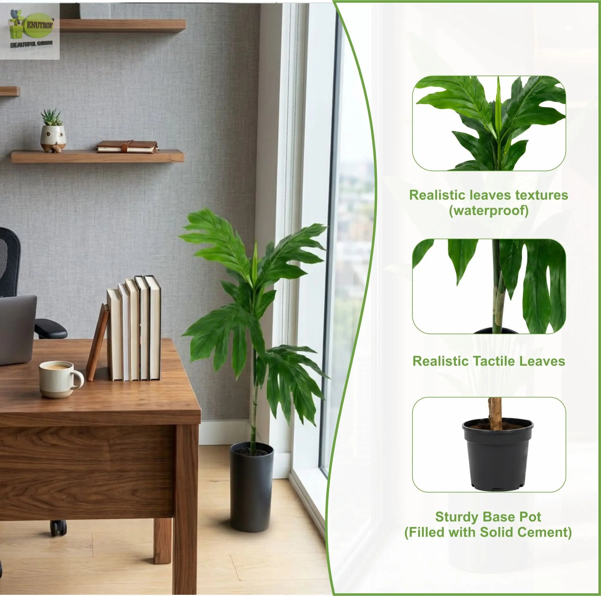 ENUTROF Artificial Monstera Split-Leaf Philodendron – 60cm Compact Fake Plant for Desk & Shelf ENUTROF