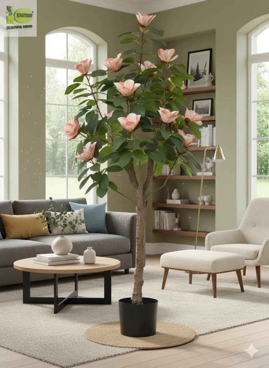 ENUTROF Artificial Pink Magnolia Flowering Tree – 140cm Fake Blooming Plant for Home Decor ENUTROF