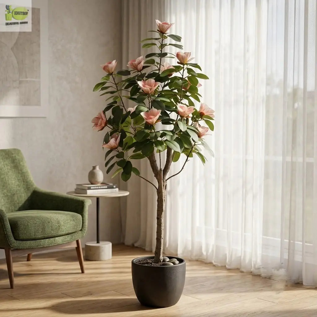 ENUTROF Artificial Pink Magnolia Flowering Tree – 140cm Fake Blooming Plant for Home Decor ENUTROF
