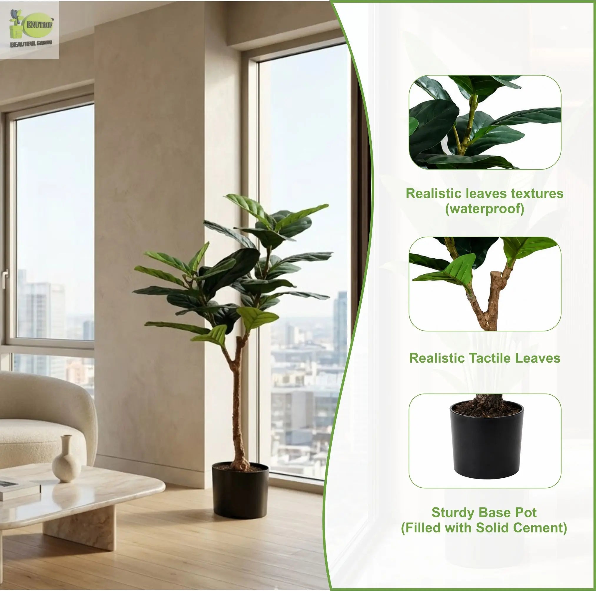 ENUTROF Artificial Rubber Tree Ficus Elastica – 120cm Fake Indoor Plant for Home Decor ENUTROF