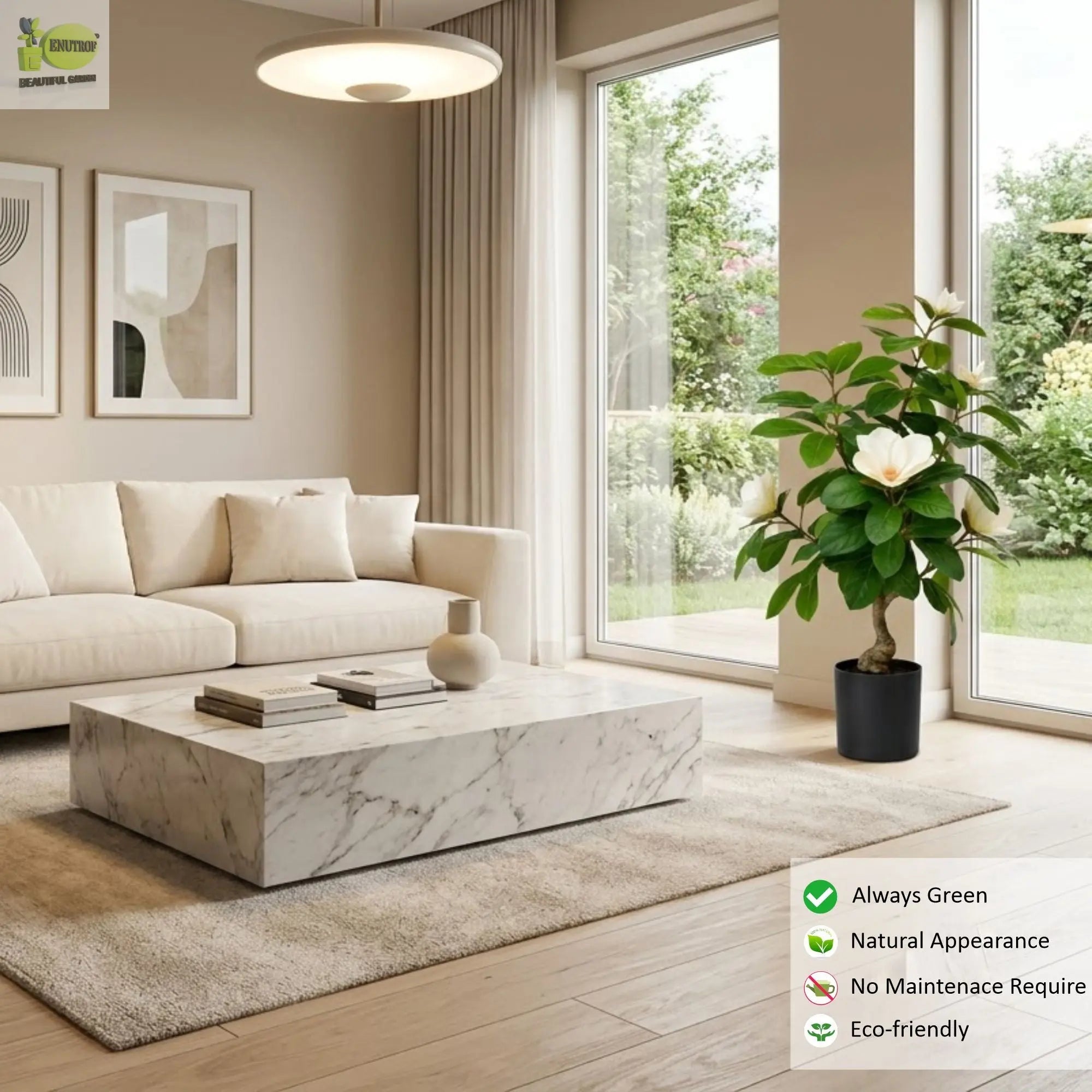 ENUTROF Artificial White Magnolia Bonsai Tree – 60cm Fake Flowering Bonsai for Home Decor ENUTROF