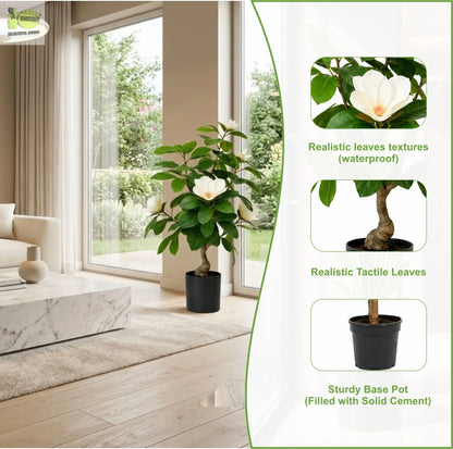 ENUTROF Artificial White Magnolia Bonsai Tree – 60cm Fake Flowering Bonsai for Home Decor ENUTROF